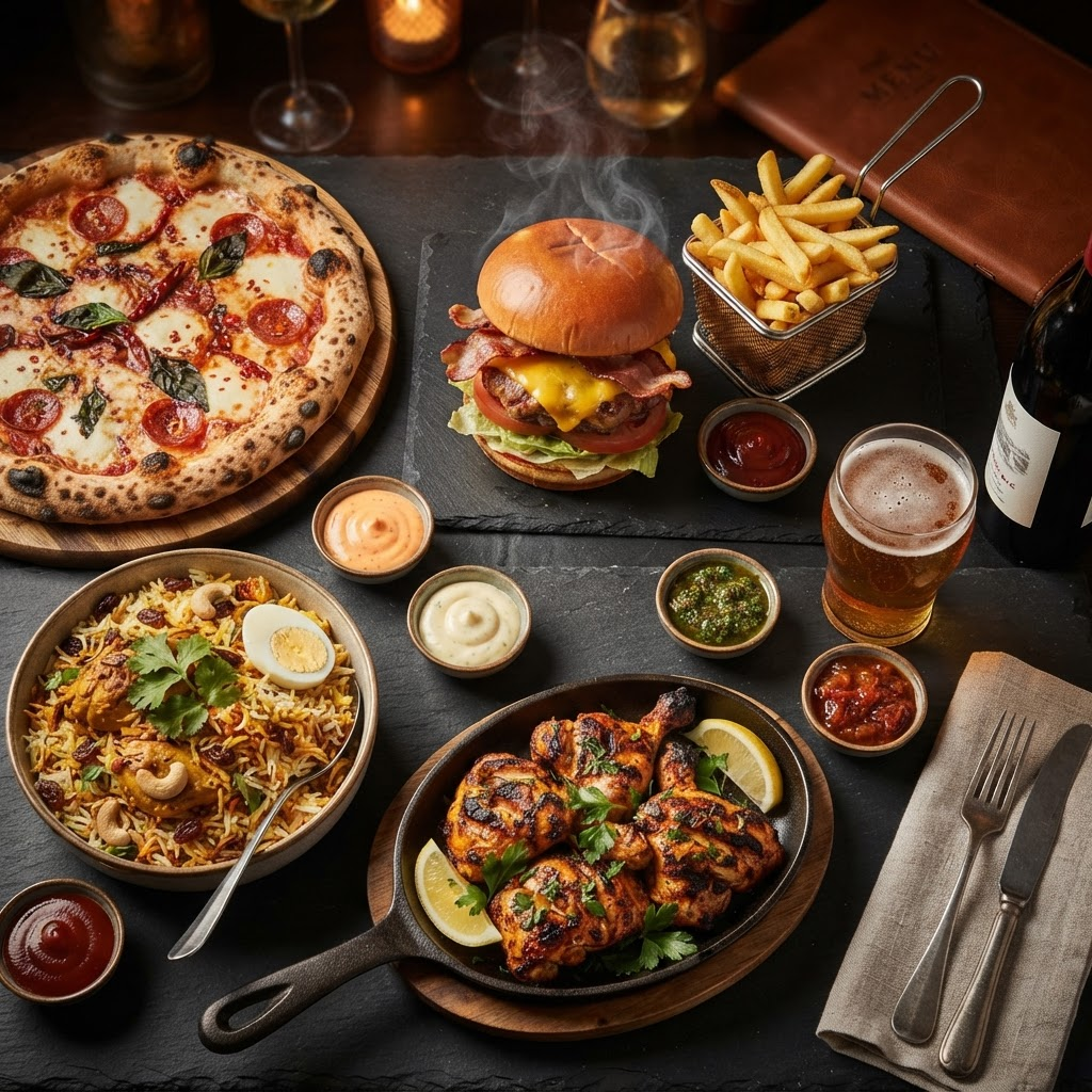 A generous spread of burgers, fries, pizza, grilled chicken and biryani