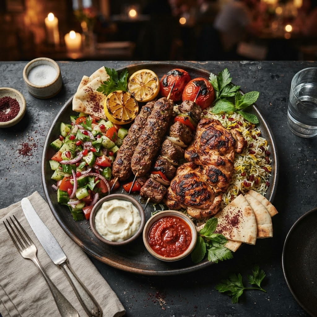 A mixed grill platter with a variety of grilled meats, salad and sides